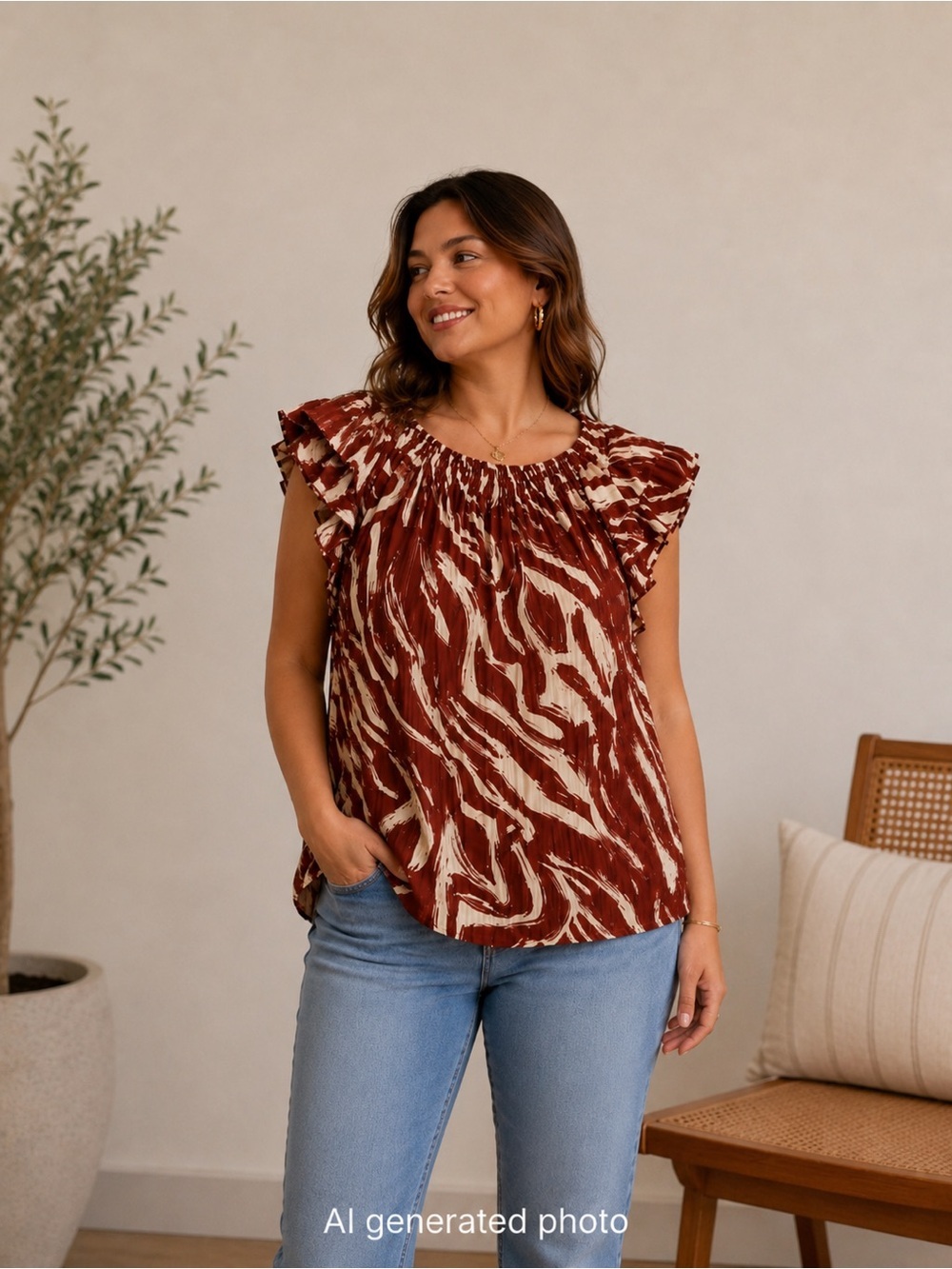 Sam Edelman Abstract Print Ruffle Top | Size XL | Rust/Cream